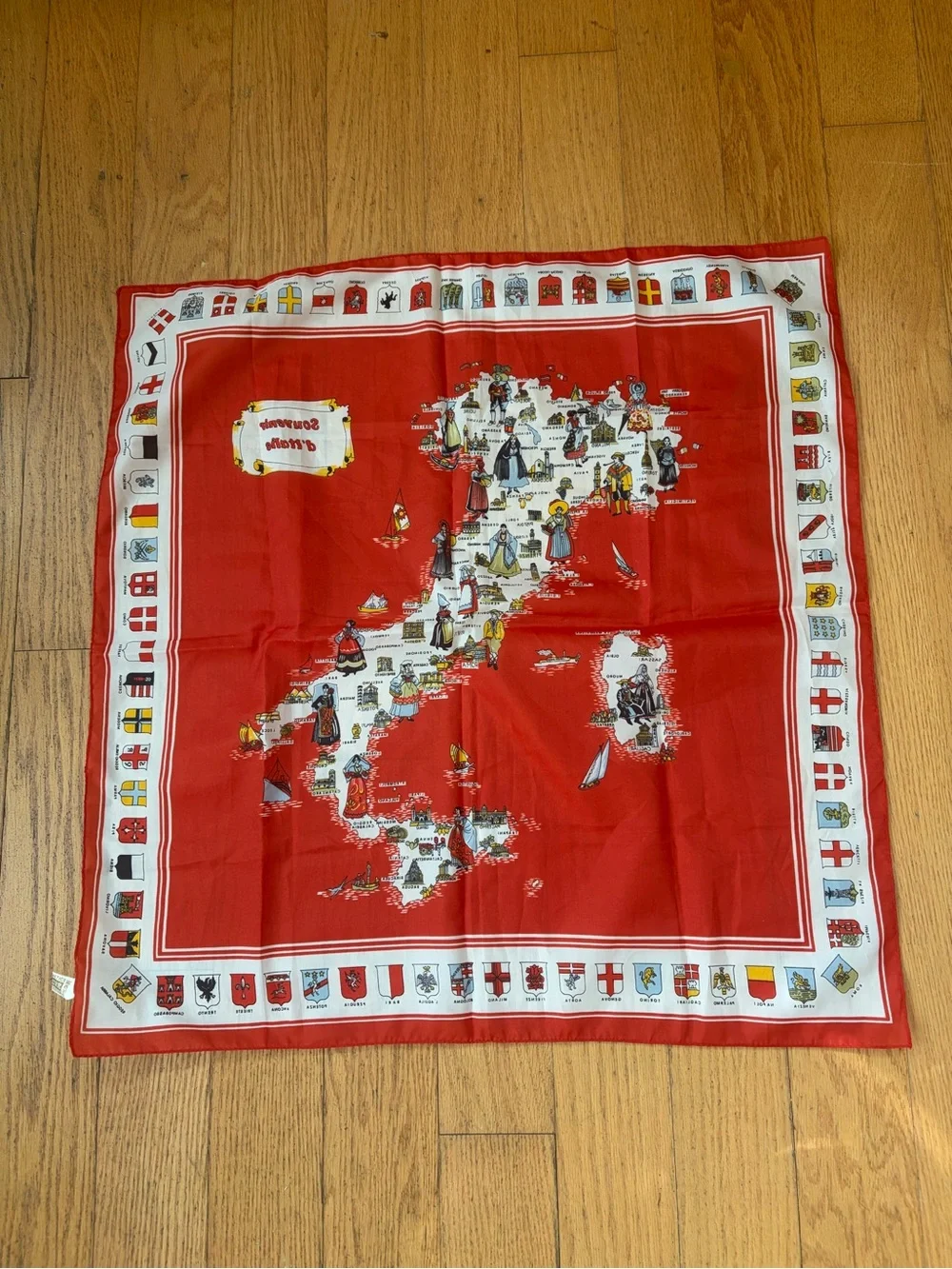 Italian souvenir scarf 100% polyester Red Illustrated the Italian country map